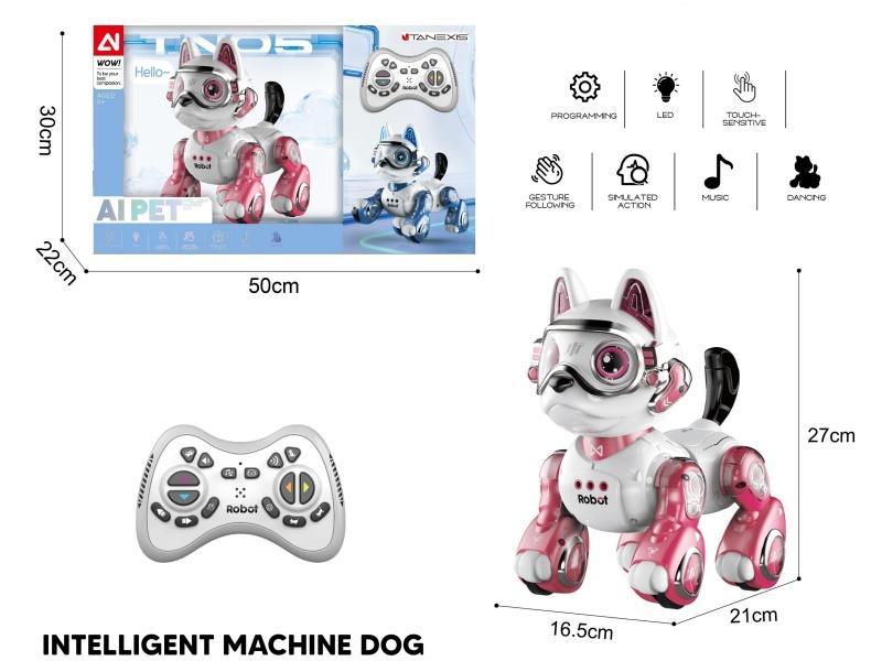 The Intelligent Voice-Controlled Robot Dog With Gesture Sensing And Touch Sensing Is Pink