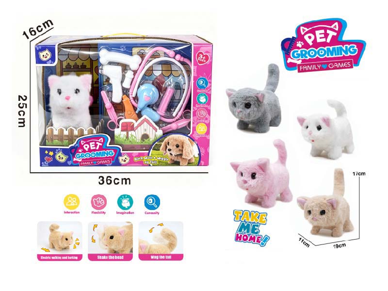Play House B/O Plush Walking Solid-Color Cat (Four-Color Mix) Paired With Medical Device Care Set