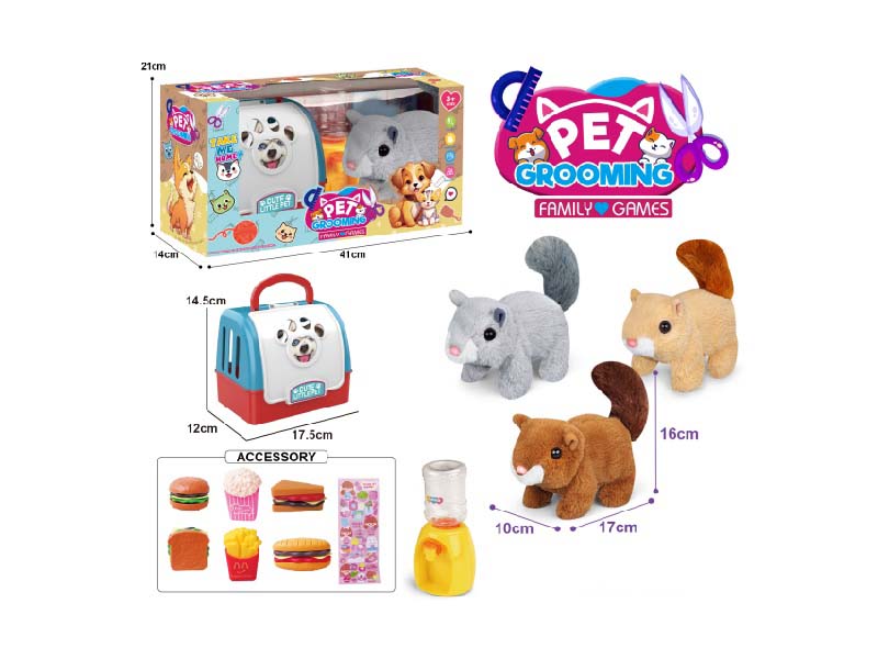 Portable Cage B/O Plush Walking Squirrel + Water Dispenser + Small Accessories (Single Color)