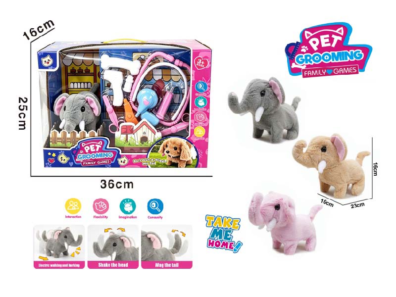 Play House B/O Plush Walking Elephant (Three-Color Mix) Paired With Medical Device Care Set