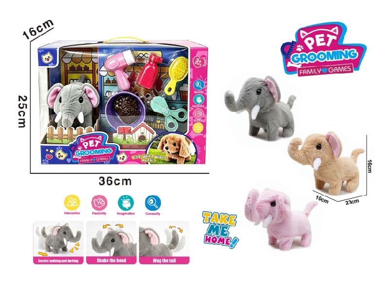 Play House B/O Plush Walking Elephant (Three-Color Mix) With Washing And Care + Feeding Set