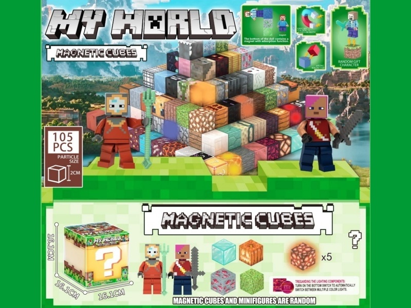 Minecraft Question Mark Storage Box Magnetic Block Set 105PCS with 5 Glow-in-the-Dark Magnets and 2 Magnetic Figure Blocks