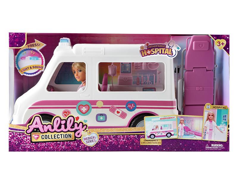 11.5-Inch Solid Doll Ambulance Play Set With Light And Music (Brown Skin)