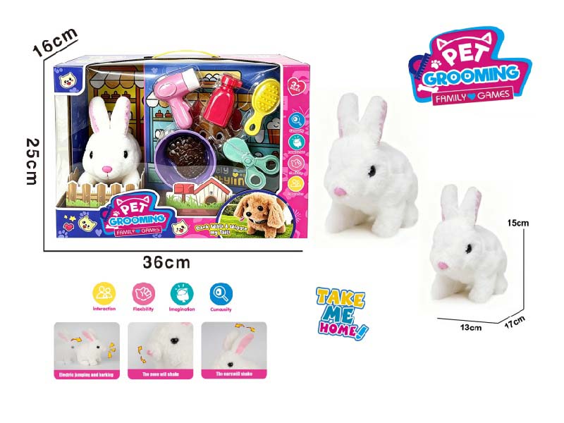 Play House B/O Plush Walking Long White Rabbit (Single Color) With Washing And Care + Feeding Set