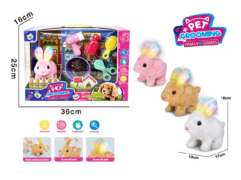 Play House B/O Plush Walking Light Rabbit (Three-Color Mix) With Washing And Care + Feeding Set