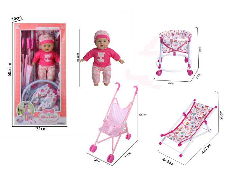 12-Inch Plastic Pushcart With Iron Walker And Iron Beach Chair Set For 12-Inch Plastic Dolls With Ic-Free Rubber Bodies And Filled Cotton Limbs, With Iron Armchair Accessories