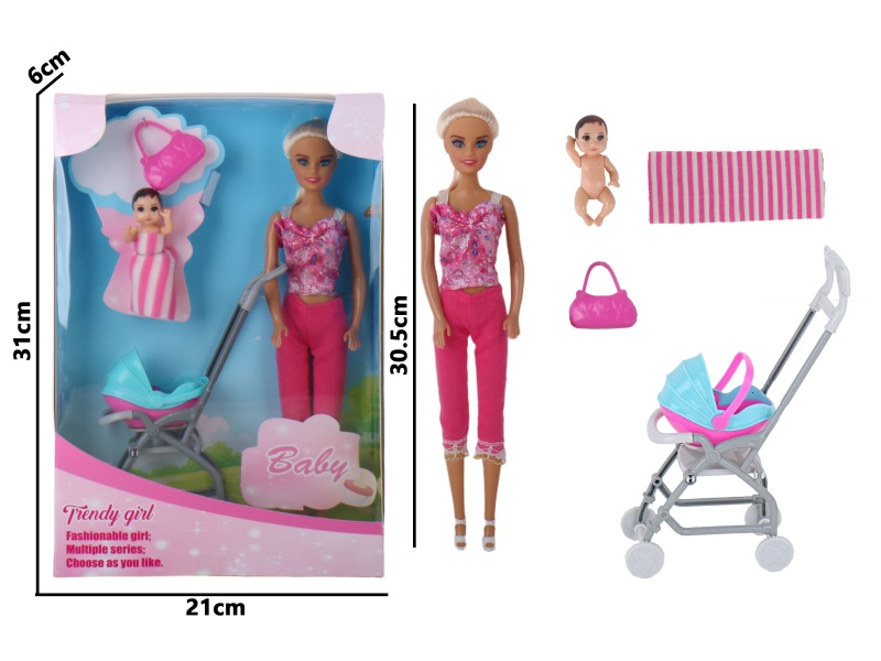 11.5-Inch Injection-Molded Hand-Blown Air Body Fashionable Fashion Girl + Mini Full-Body Little Boy Stroller Accessories