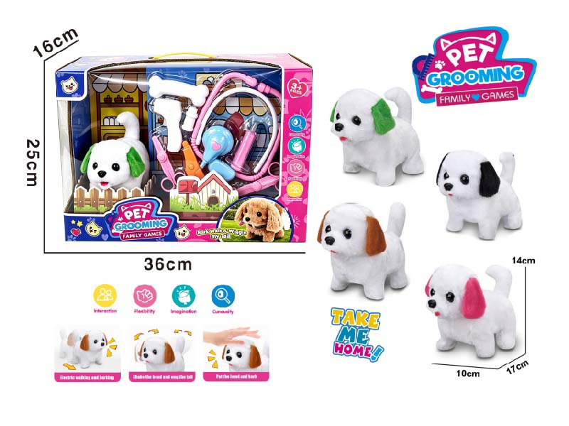 Play House B/O Plush Walking Bichon Frise Dog (Four-Color Mix) With Medical Device Care Set