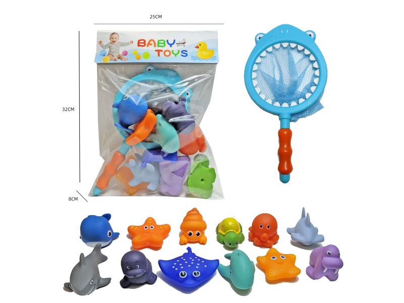Shark Fishing Net + Soft Rubber Double-Color-Changing Ocean Set (13-Piece Set) Cross-Border Bathroom Fish Fishing Toys, Bathing Toys, Fish Fishing And Bathing Toys, Water Play Children'S Rubber Animal