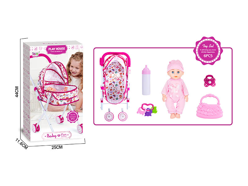 Baby Stroller Toy + 14" Baby Doll With IC + Pacifier, Teether, Handbag, Baby Bottle