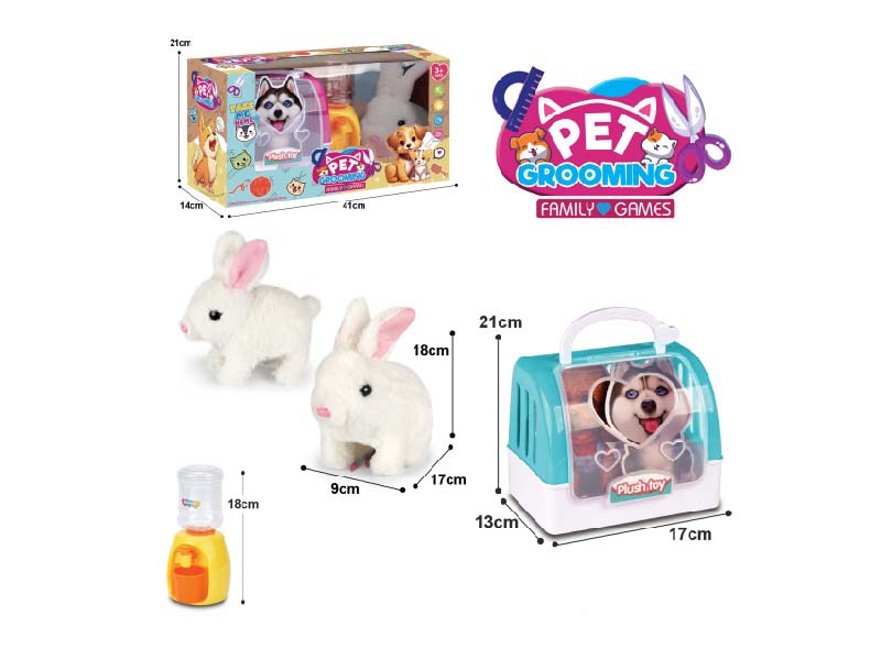 B/O Plush Long-Haired White Rabbit + 2-Color Hand-Held Cage + Water Dispenser
