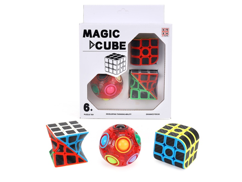 Twisted Rubik'S Cube + Three-Sided Rubik'S Cube (Both With Carbon Fiber Stickers/Printing) + Transparent Rainbow Ball