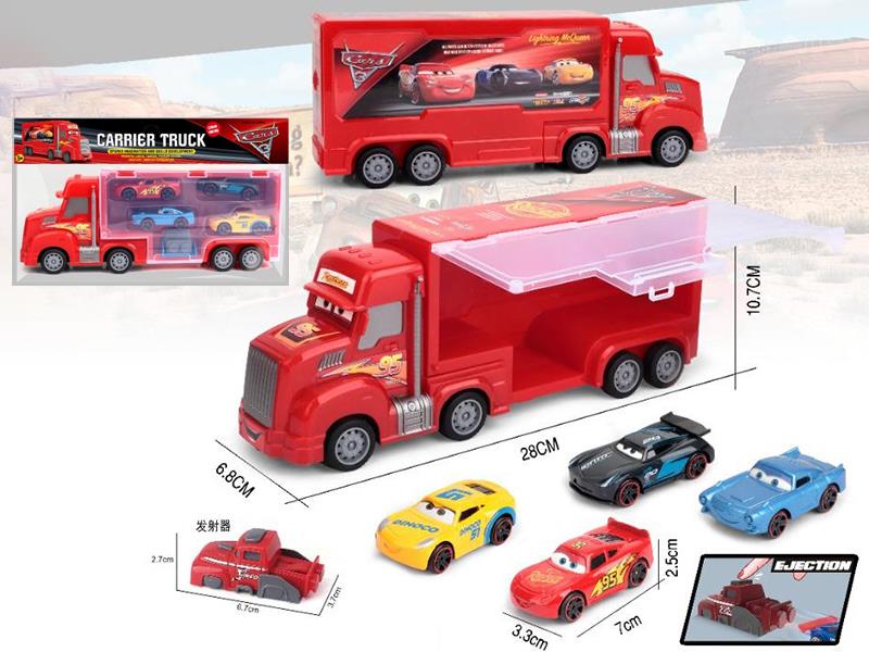 Friction Cars Storage Carrier Truck + 4pcs Slide Alloy Cars + Launcher
