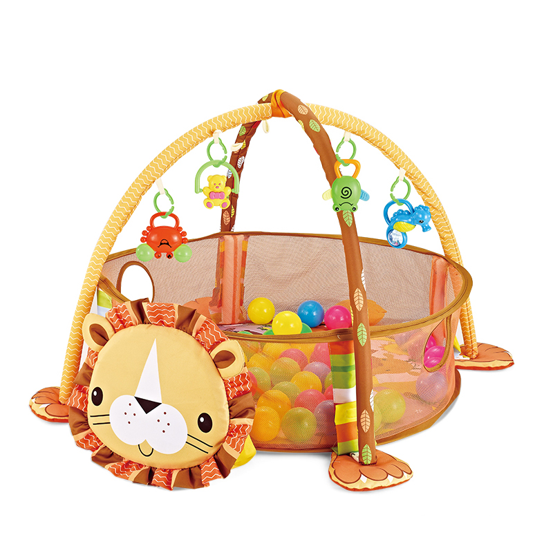 Yellow Lion-Shaped Baby Fitness Blanket with 12 Ocean Balls in Different Colors