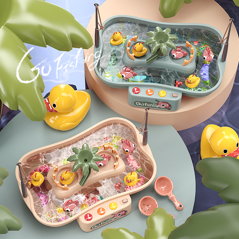 A pink set and a gray set of Rotating Fishing Game Sets sit on the table, with two toy ducks beside them