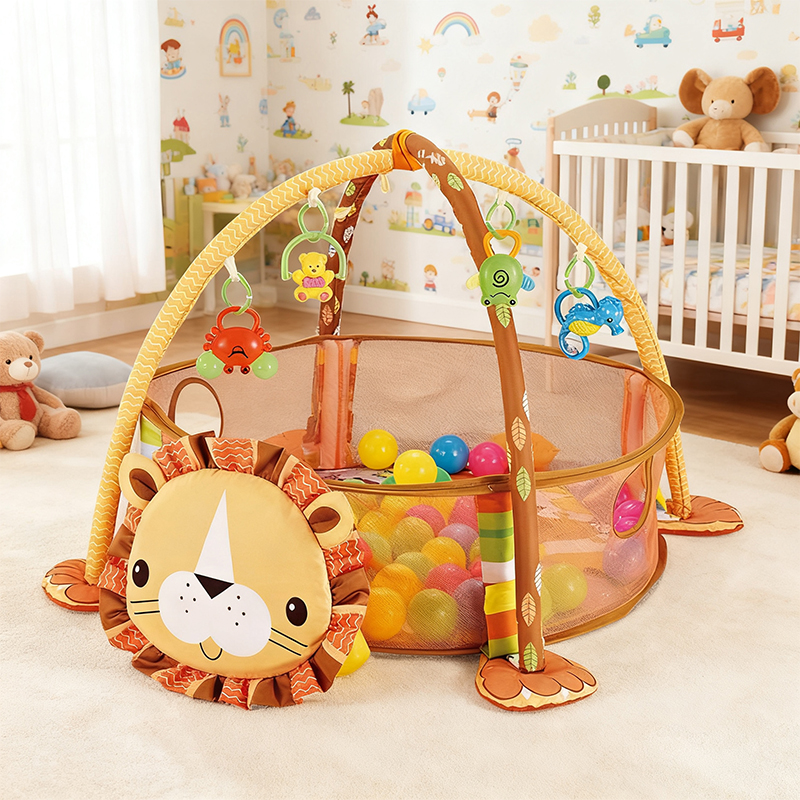 In the cozy nursery, a yellow lion-shaped Baby Fitness Blanket and 12 ocean balls in different colors