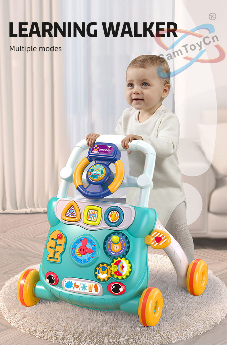 A baby is learning to walk around the room using a Learning Walker
