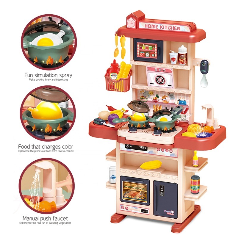 Pink Tableware Table Toys feature three functions: an entertaining simulated spray that changes the color of toy food, and a manual push-button faucet