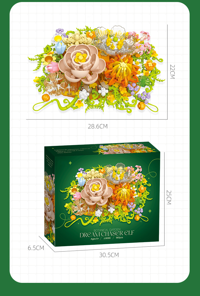 Product and Outer Packaging Dimensions for Botanical Garden Dream Chaser Elf Building Blocks
