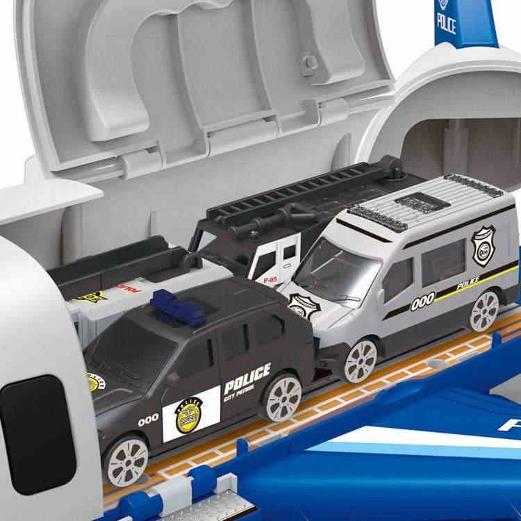 Opening the transformable police storage plane reveals numerous miniature police car toys inside