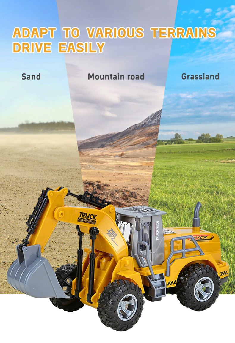 The Remote Control Engineering Truck can operate on sandy terrain, mountainous terrain, and grassy terrain