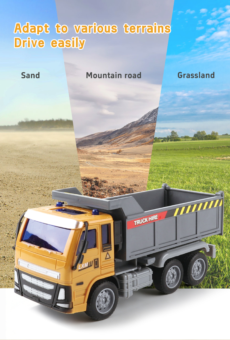 The Remote Control Engineering Truck can operate on sandy terrain, mountain roads, and grassy surfaces