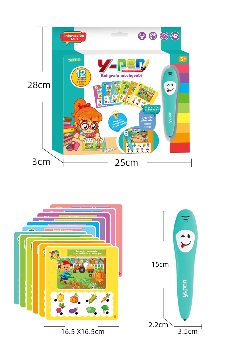 Dimensions of the Qingse Smart Learning Pen, Learning Cards, and Outer Packaging