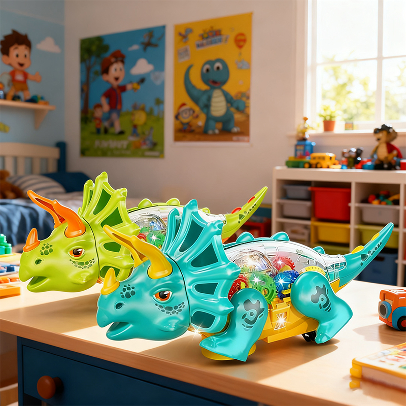 A green and blue Electric Universal Transparent Dinosaur sits on the desk in the children's room