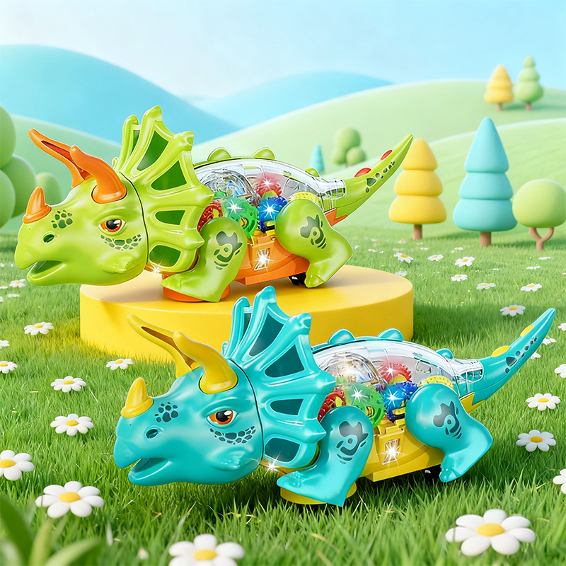 Green and blue Electric Universal Transparent Dinosaur toys placed on a flower-covered meadow