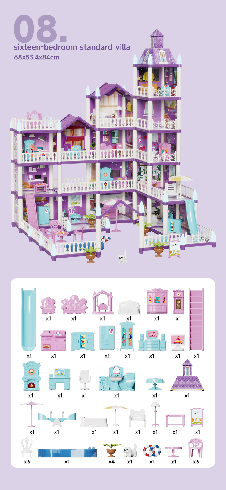 Product Dimensions and Detailed Display of DIY Villa Toys and Toy Furniture Accessories