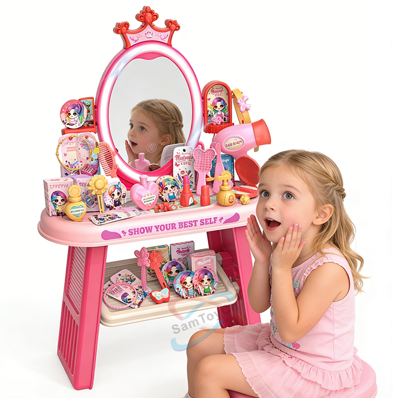 A little girl sat at a pink Crown Dressing Table, getting ready