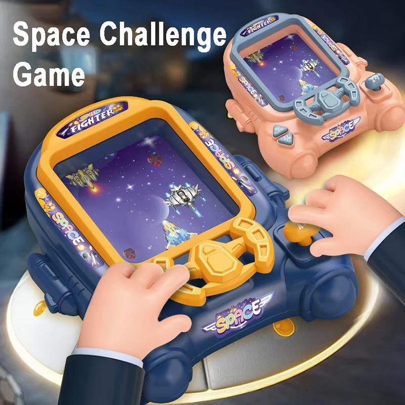 A pair of hands plays the deep blue Fighter Great Adventure Game Machine, next to which stands a pink Fighter Great Adventure Game Machine