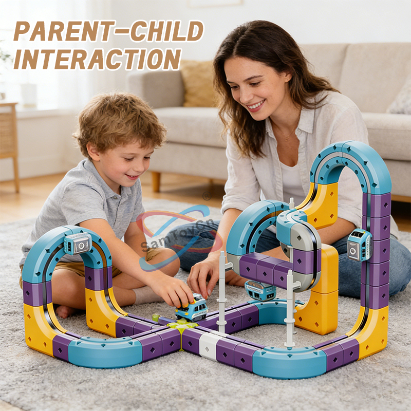 Mom plays with her child on the living room carpet using the Magnetic Levitation Track Toy