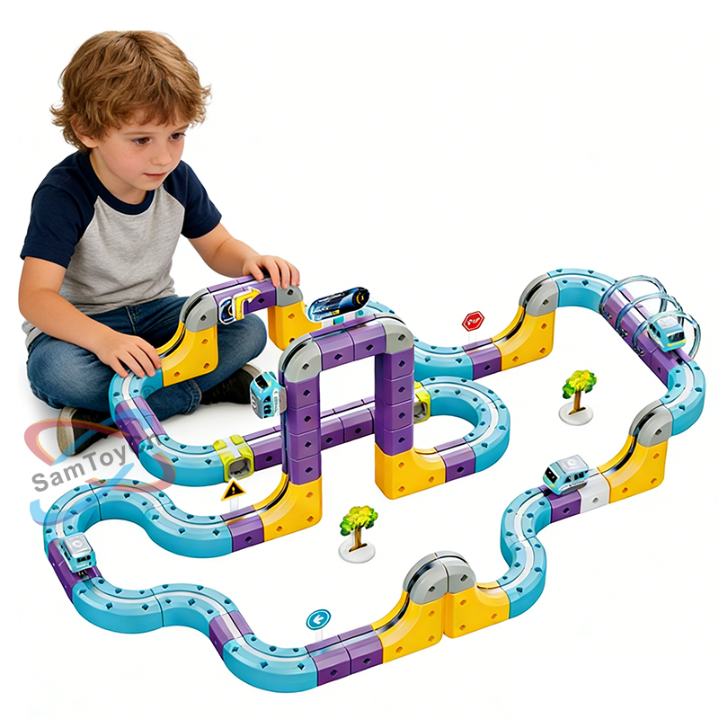 A little boy sat cross-legged on the floor playing with a Magnetic Levitation Track Toy