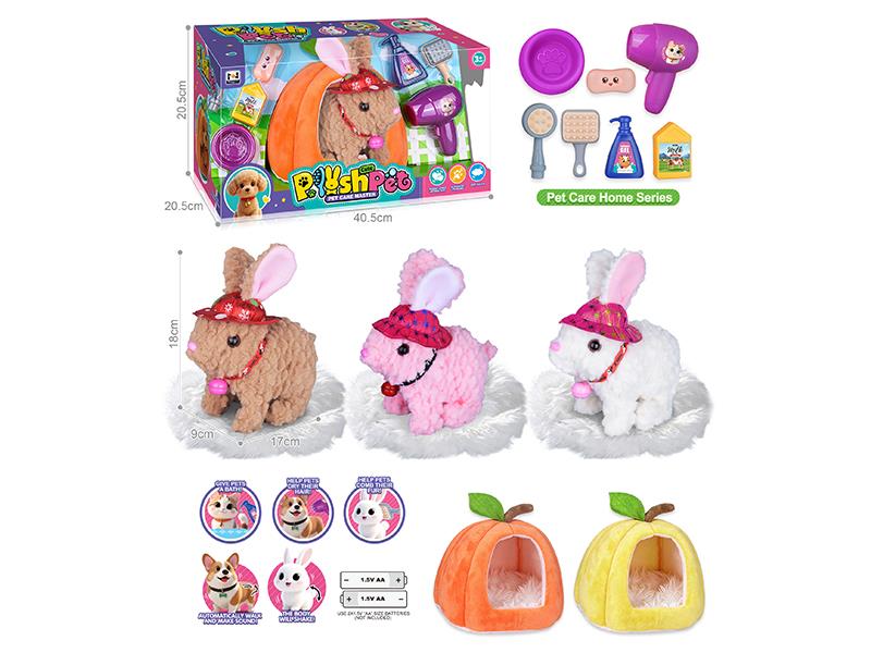 B/O Simulated Plush Pet Rabbit Large Rabbit House Pet Care Home Set