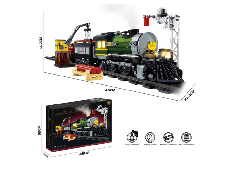 Diy Building Block Green Steam Train (6*Aaa, No Electricity Included), Lights And Steam Spray