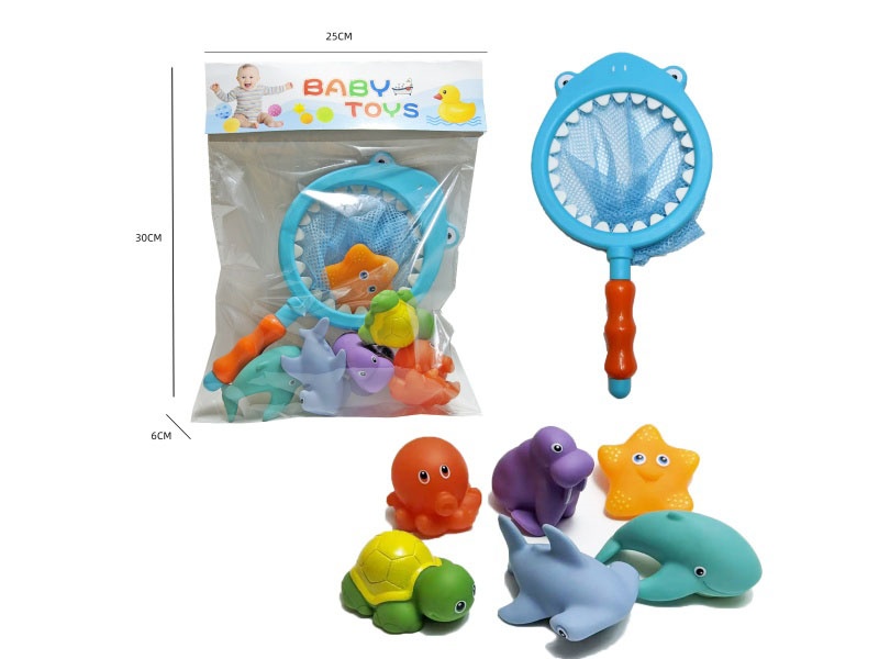 Shark Fishing Net + Double Color-Changing Ocean Set (7-Piece Set) Cross-Border Bathroom Fish Fishing Toys, Bathing Toys, Fish Fishing And Bathing Toys, Water Play Children'S Vinyl Animal Toys