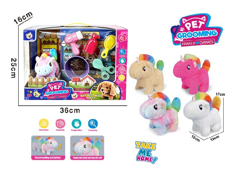 Play House B/O Plush Walking Unicorn (Four-Color Mix) With Washing And Care + Feeding Set