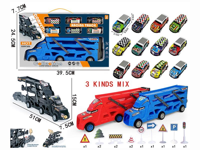 Three-Decker Folding Ejection Container Truck + 12PCS Guidepost + 6PCS 6.8CM Pull Back Off-Road Graffiti Iron Cars