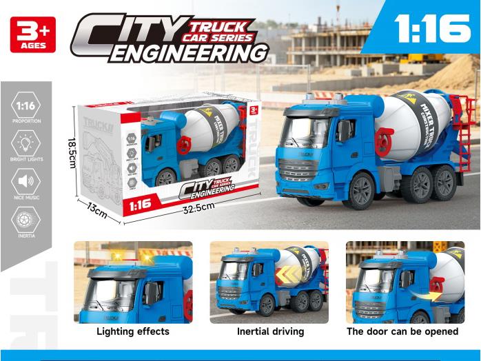 Single-Color 1:16 Solid Color Inertial Door-Opening Engineering Mixer Truck With Lighting And Music (Electric Included)