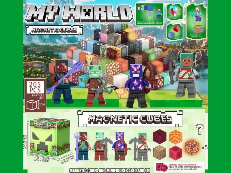 Minecraft Creeper Double-Face Expression Storage Box Magnetic Block Set 205PCS with 5 Glow-in-the-Dark Magnets and 4 Magnetic Figure Blocks