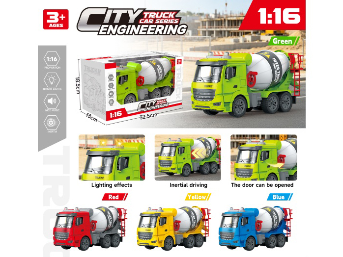 4-Color Mixed 1:16 Solid Color Inertial Door-Opening Engineering Mixer Truck With Lighting And Music (Electric Included)