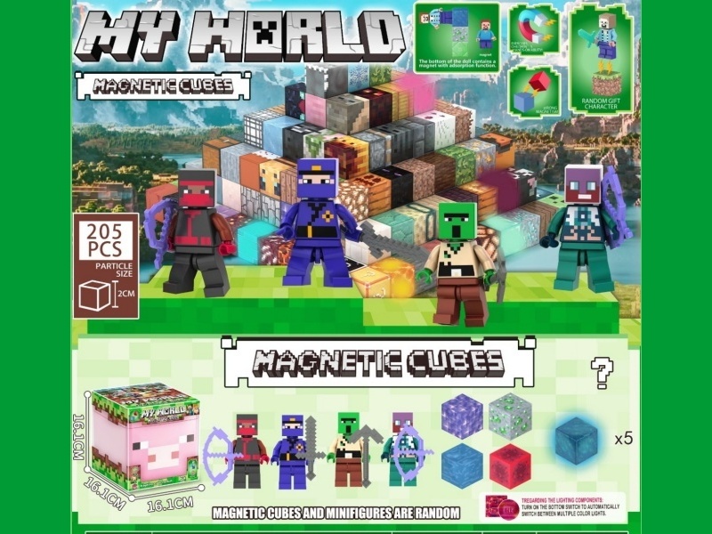 Minecraft Pig and Sheep Double-Sided Pattern Storage Box Magnetic Block Set 205PCS with 5 Glow-in-the-Dark Magnets and 4 Magnetic Figure Blocks
