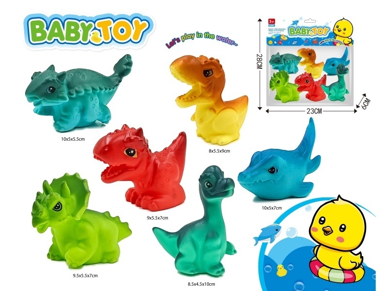 Six rubber-lined water play animals, dinosaurs, in bags