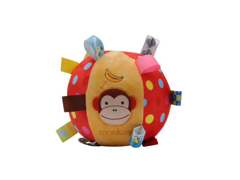 The Baby Soothes The Bell-Ringing Monkey With Its Hand Grasping The Ball