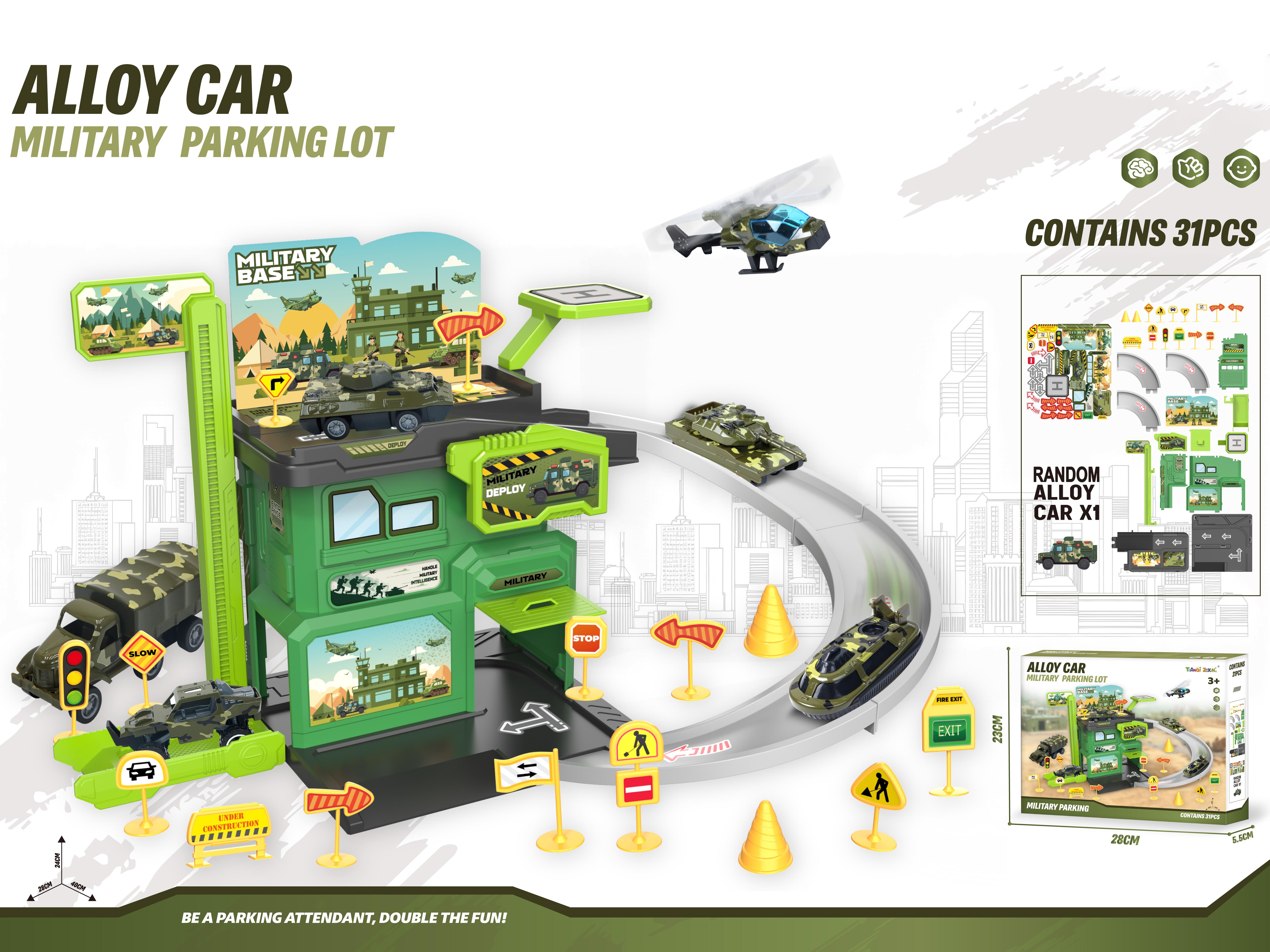 Play House Alloy Military Parking Lot (With 1 Gold Car) (With 1 Set Of Road Signs) (31 Pieces)