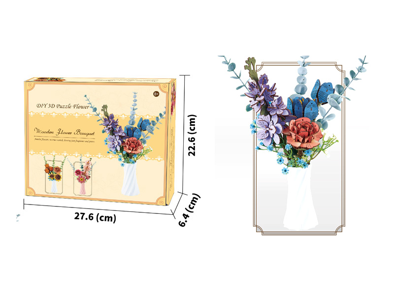 Diy 3D Wooden/Wooden Flower/Assembled Flower/Wooden Model Assembled Flower/Blue Dream Bouquet Set With Vase