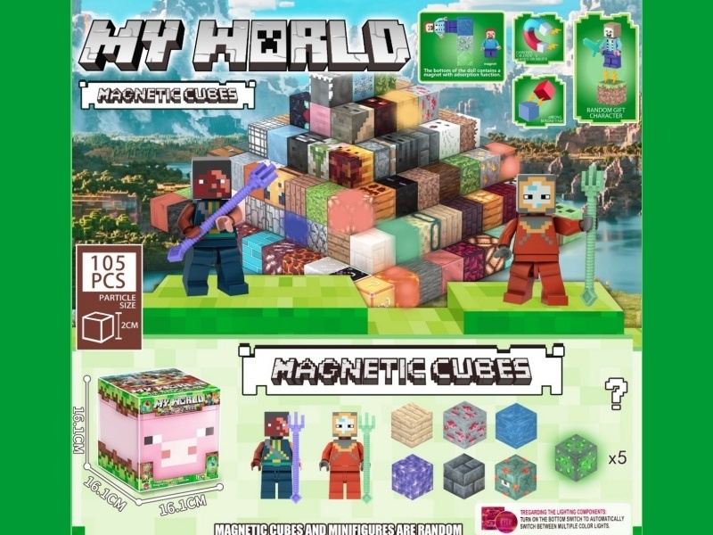 Minecraft Pig and Sheep Double-Face Expression Storage Box Magnetic Block Set 105PCS with 5 Glow-in-the-Dark Magnets and 2 Magnetic Figure Blocks