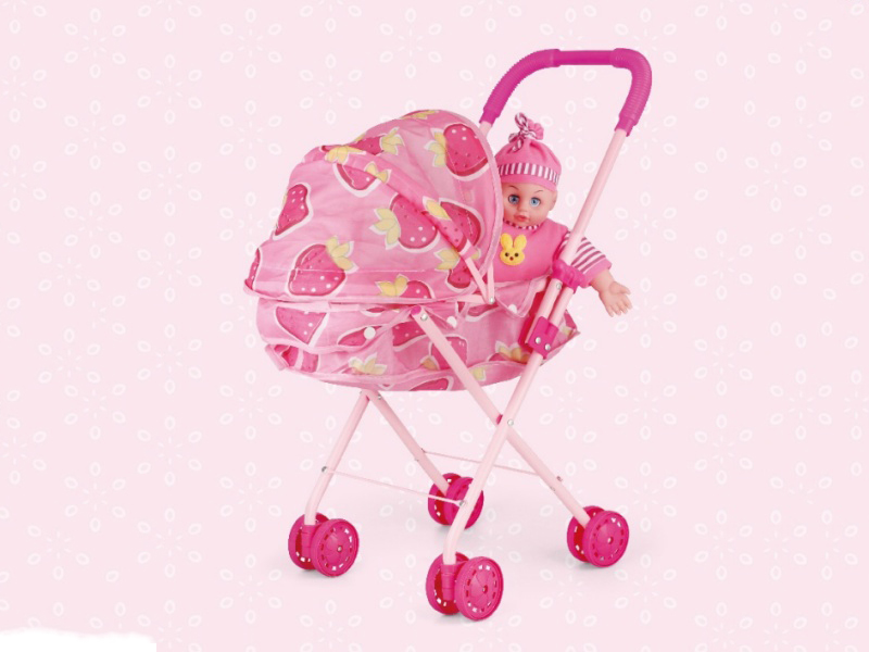 Iron Swivel Wheel Baby Carriage With 14-Inch Dolls