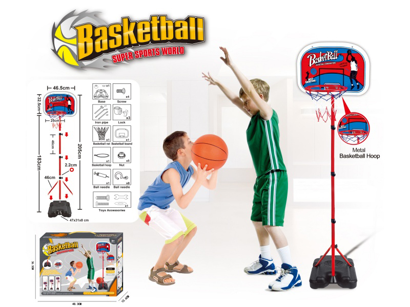 A Vertical Basketball Stand With A Metal Iron Frame, Featuring Four Sections Of Iron Pipes And Square Feet